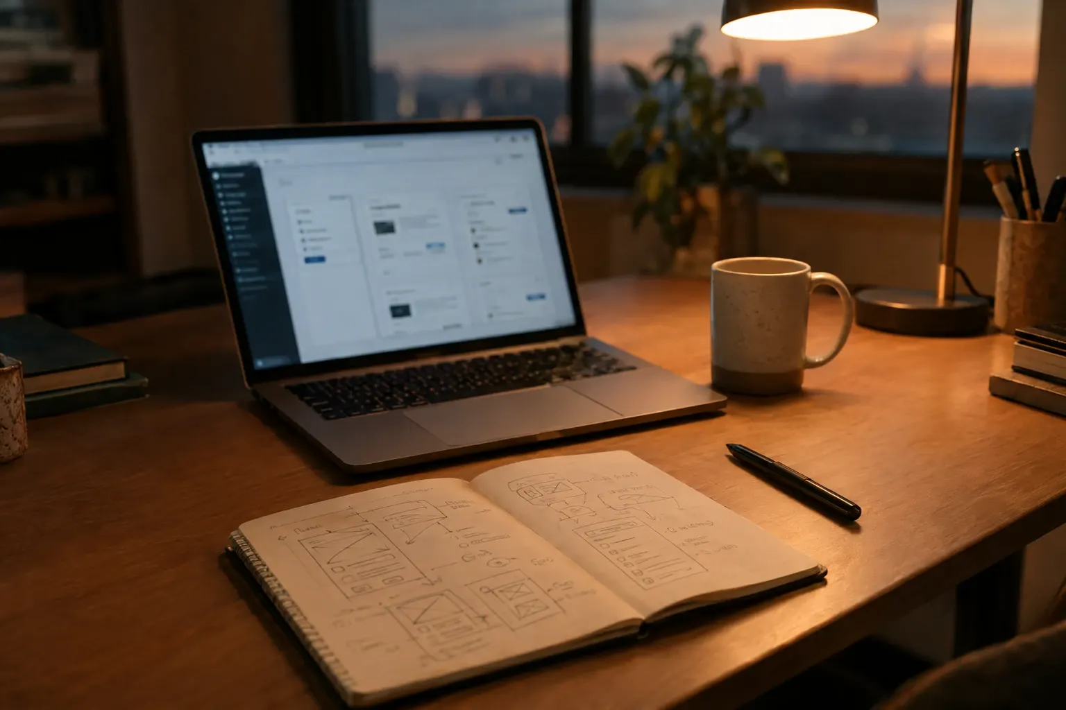 A founder's desk late at night: laptop, notebook of wireframe sketches and a mug