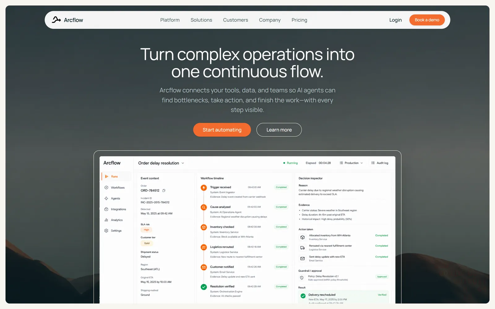 Arcflow — Product site with live app UI, built with Swarmz