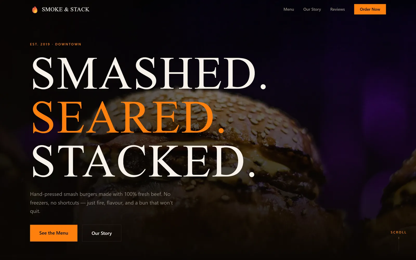 Smoke & Stack — Burger restaurant, built with Swarmz