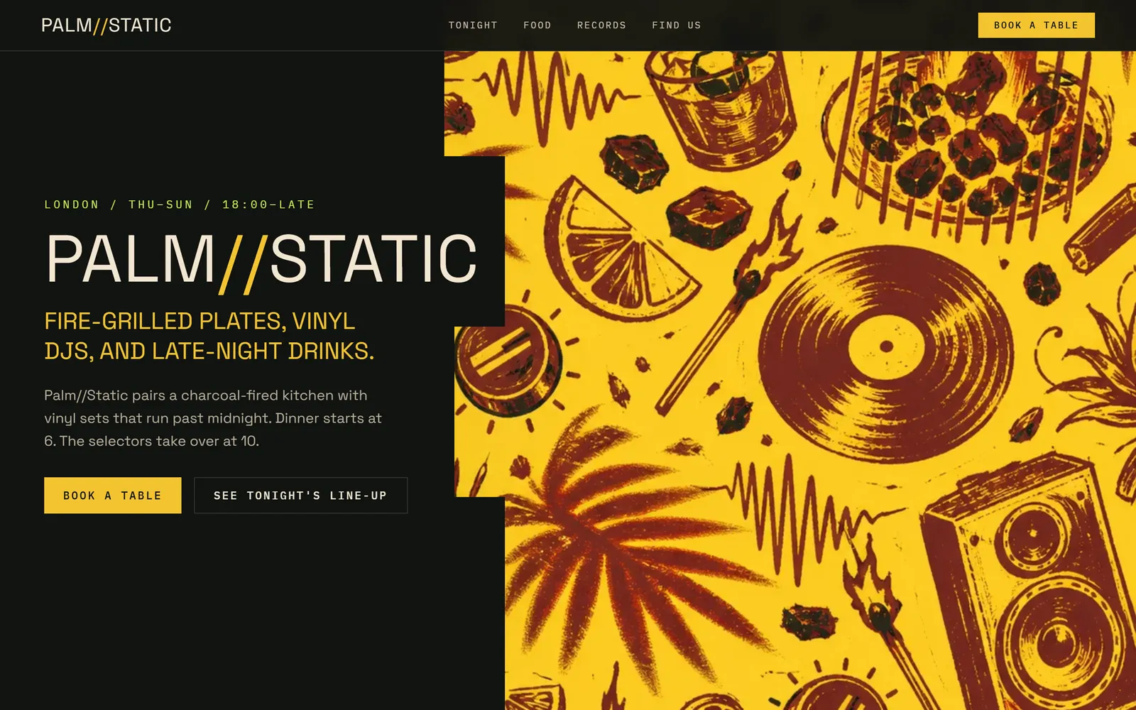 Palm Static — Listening bar and kitchen, built with Swarmz
